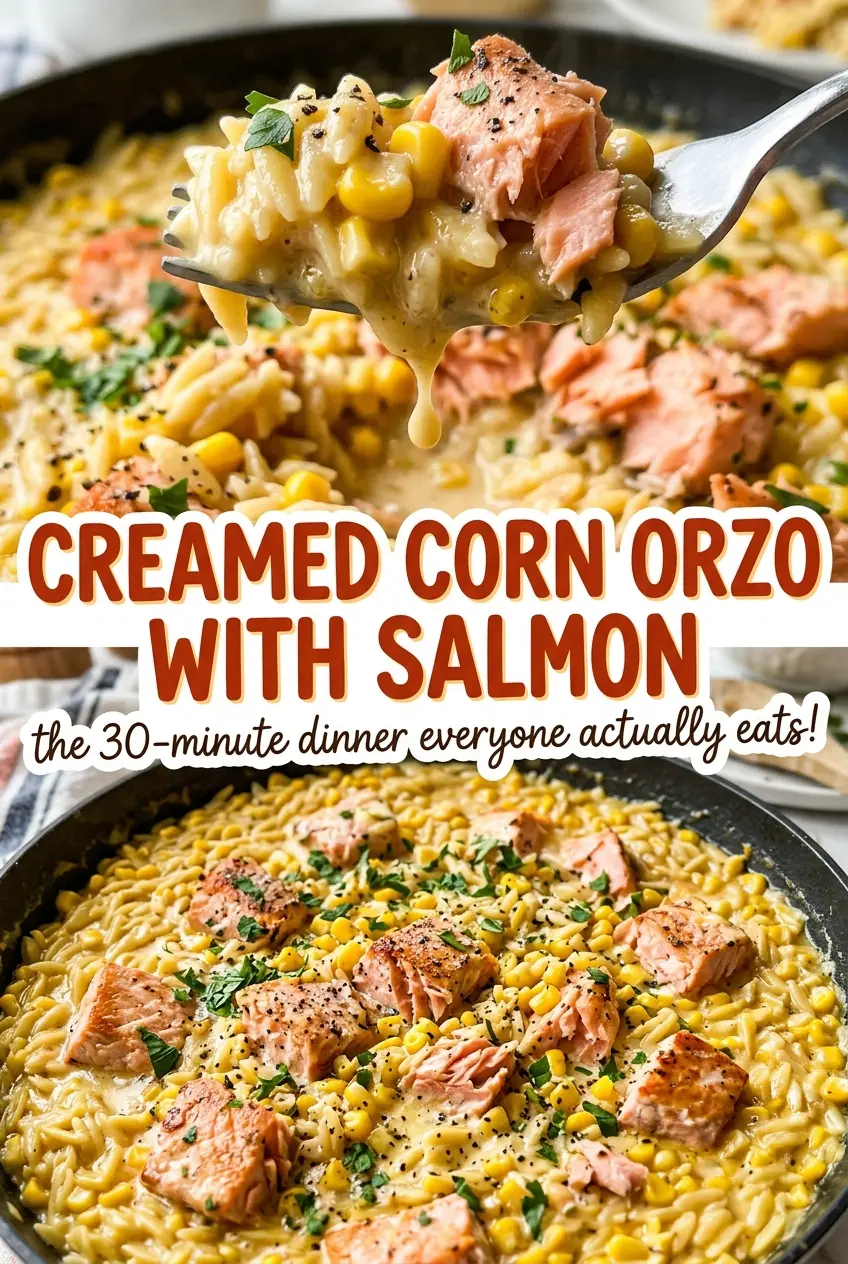 Creamed corn orzo with salmon, creamy skillet bowl