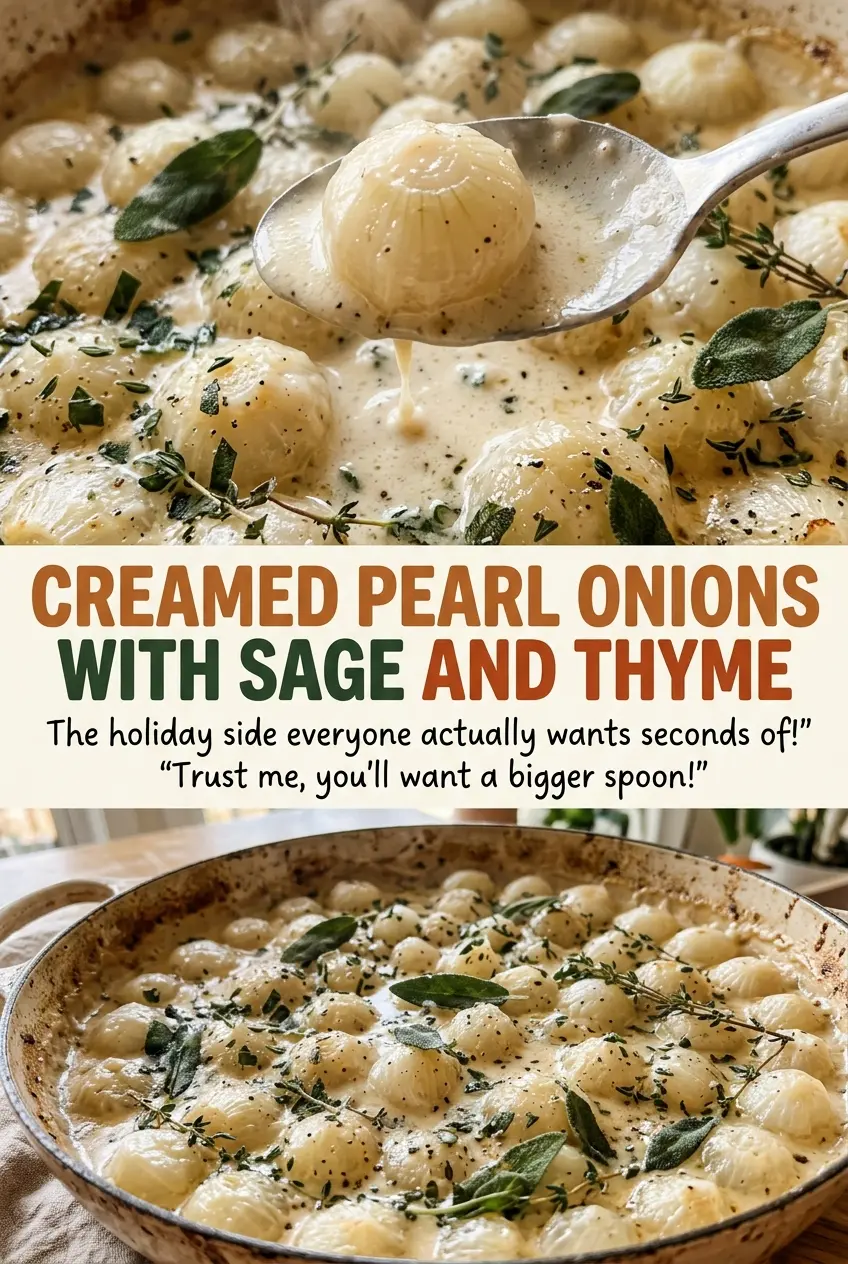 Creamed Pearl Onions with Sage and Thyme, tender onions in cream