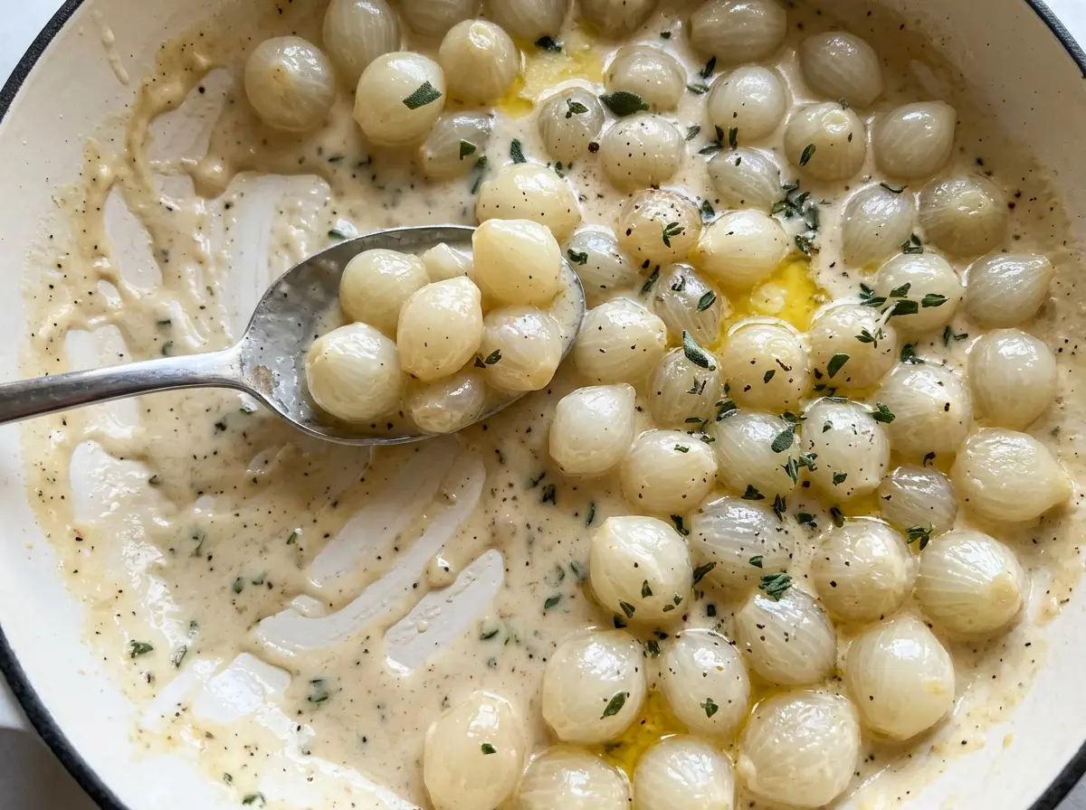 Creamed Pearl Onions with Sage and Thyme, creamy herb-coated