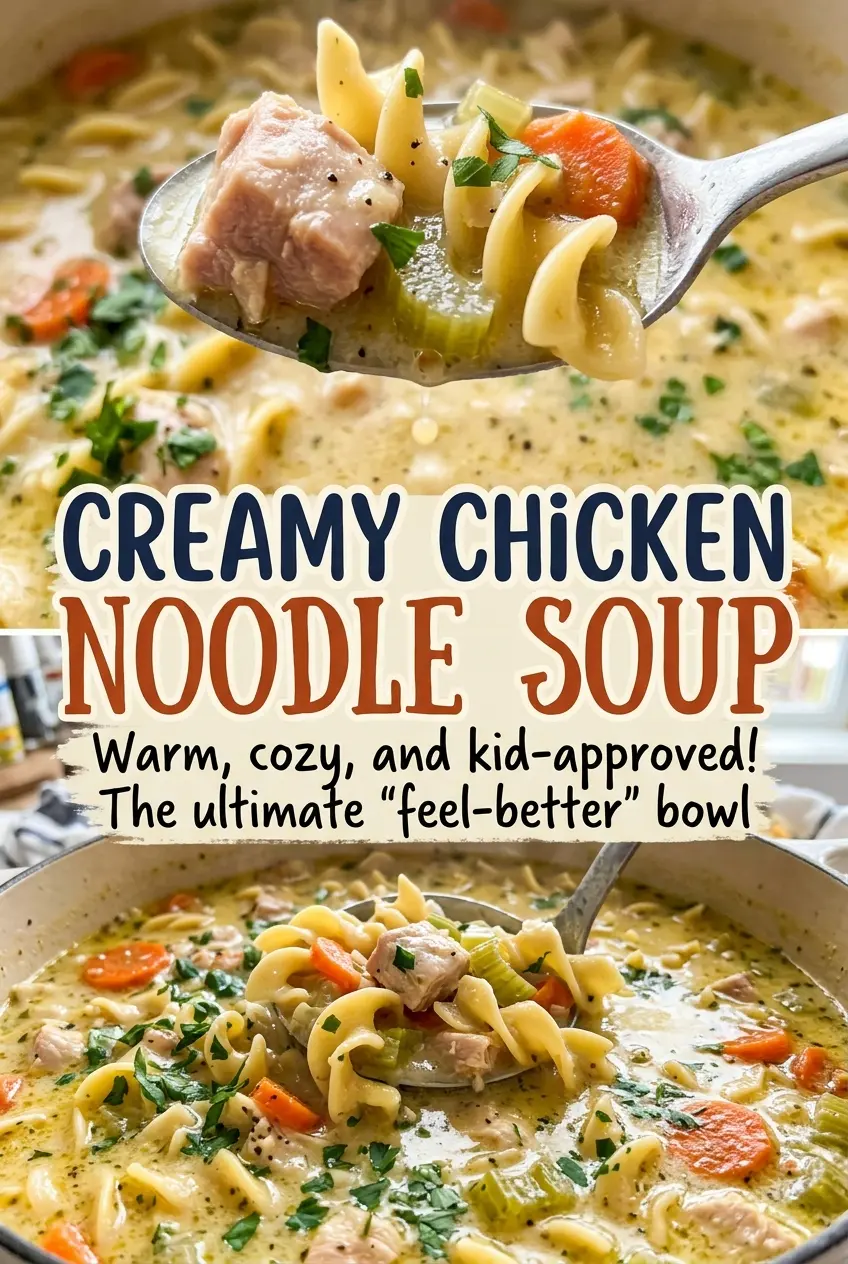 Creamy Chicken Noodle Soup with vegetables and parsley
