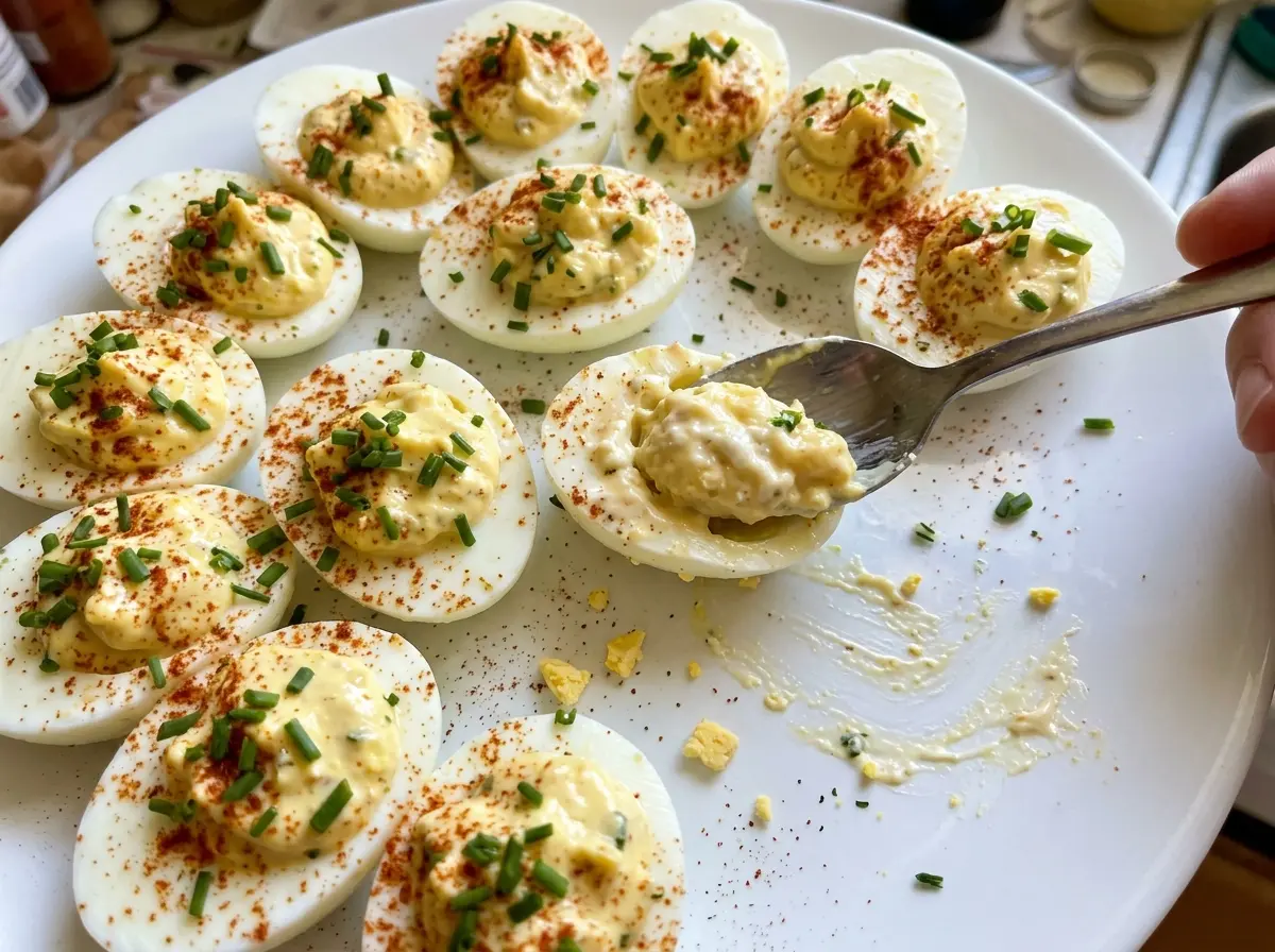 Creamy Horseradish Deviled Eggs with chive topping