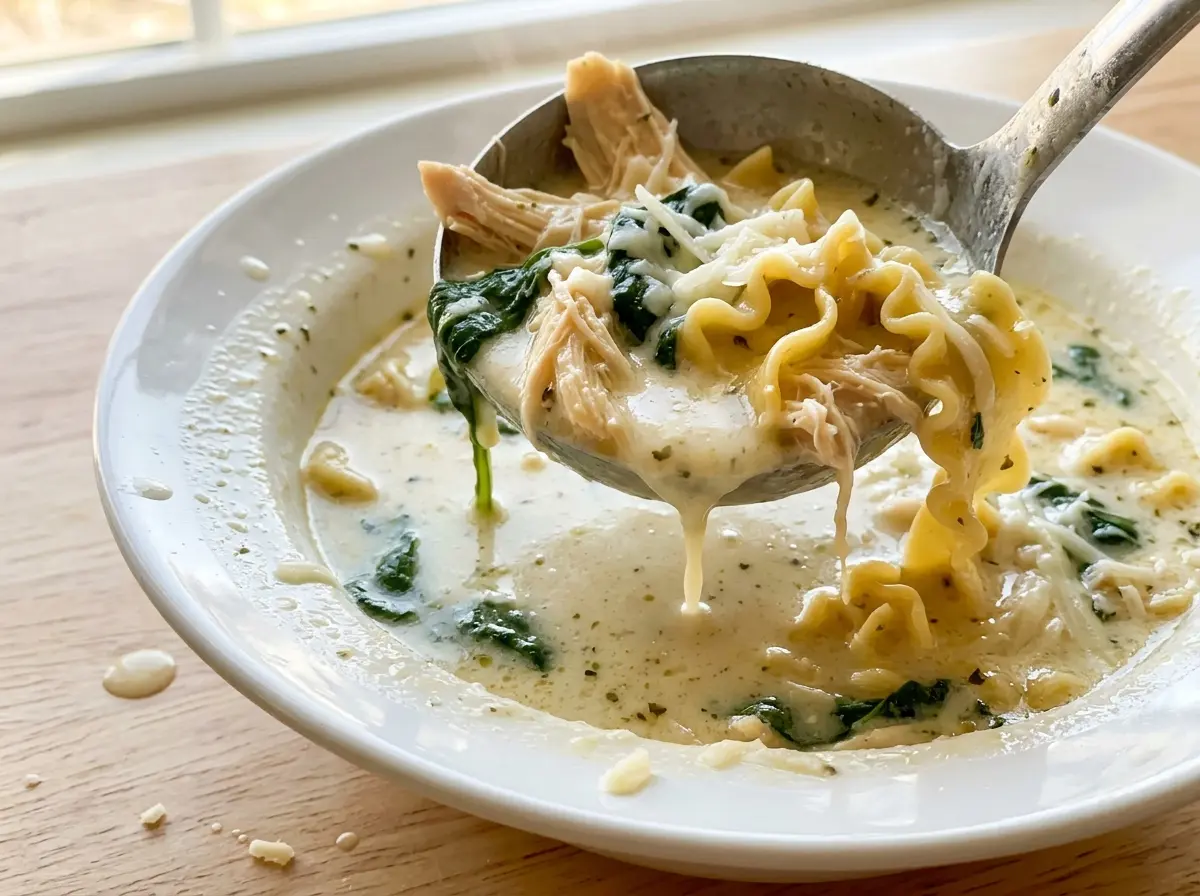 Creamy White Chicken Lasagna Soup with tender noodles