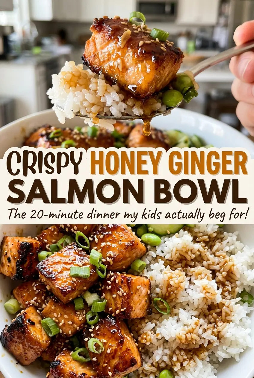 Crispy Honey Ginger Salmon Bowl rice cucumber avocado