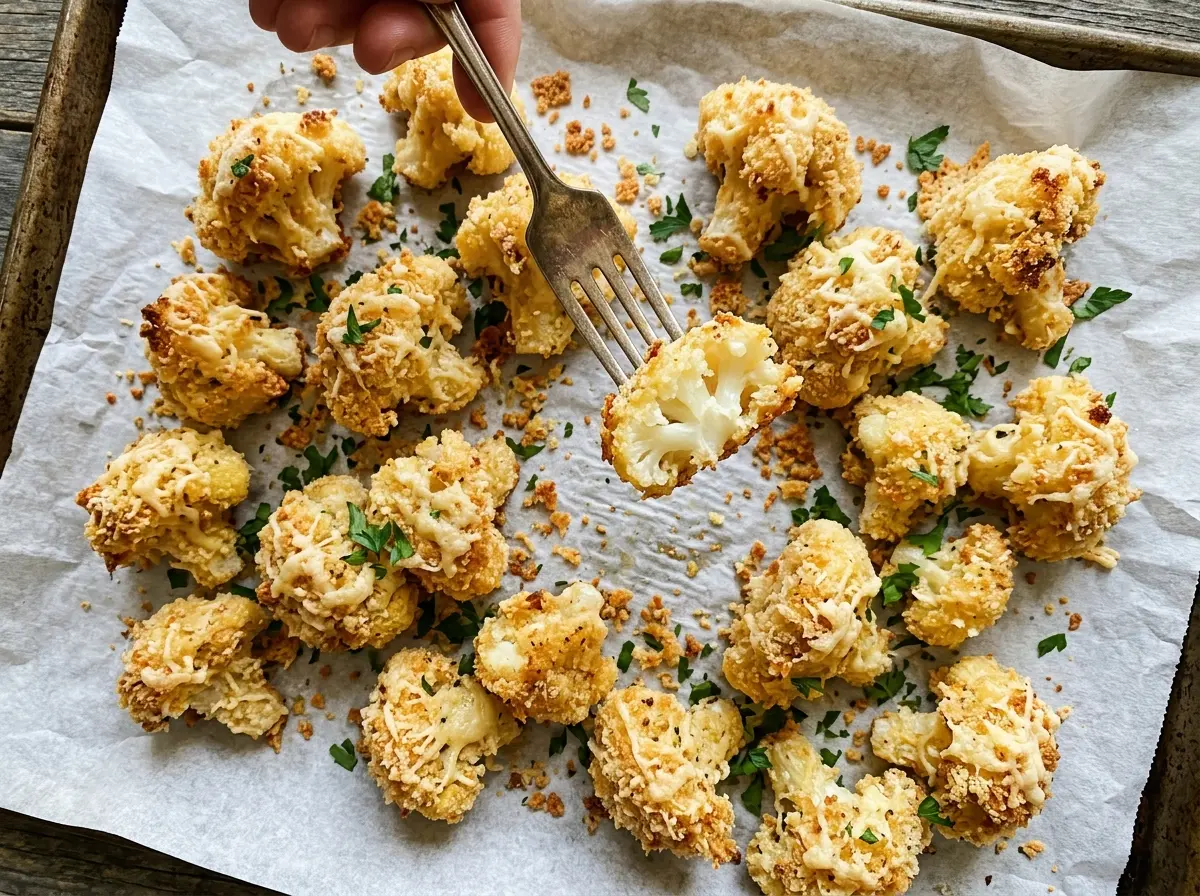Crispy Parmesan Cauliflower Bites golden, crunchy florets