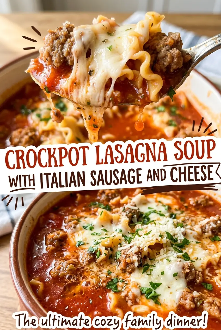 Crockpot lasagna soup with Italian sausage and cheese, hearty cheesy serving