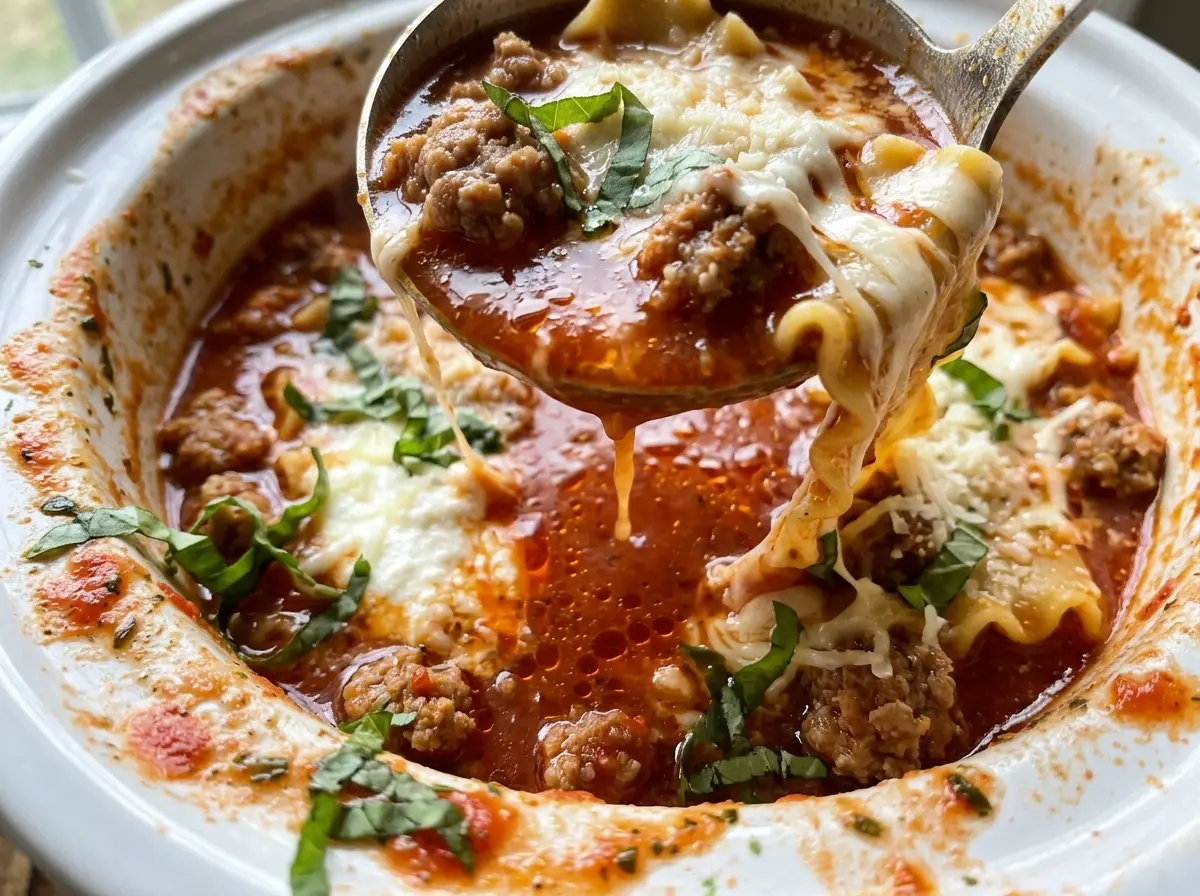 Crockpot lasagna soup with Italian sausage and cheese, tomato-rich bowls