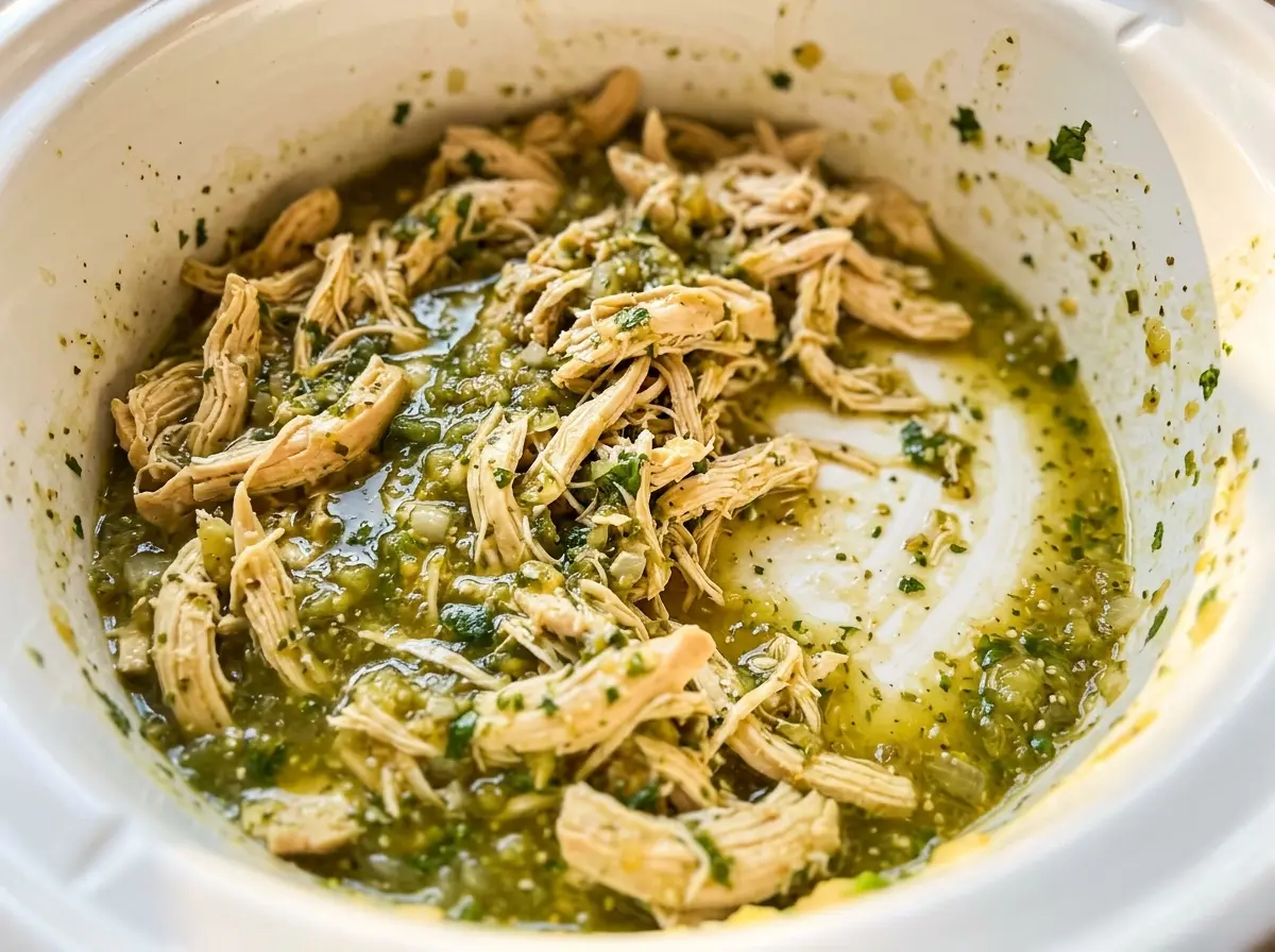 Crockpot Salsa Verde Chicken with tender, saucy chicken