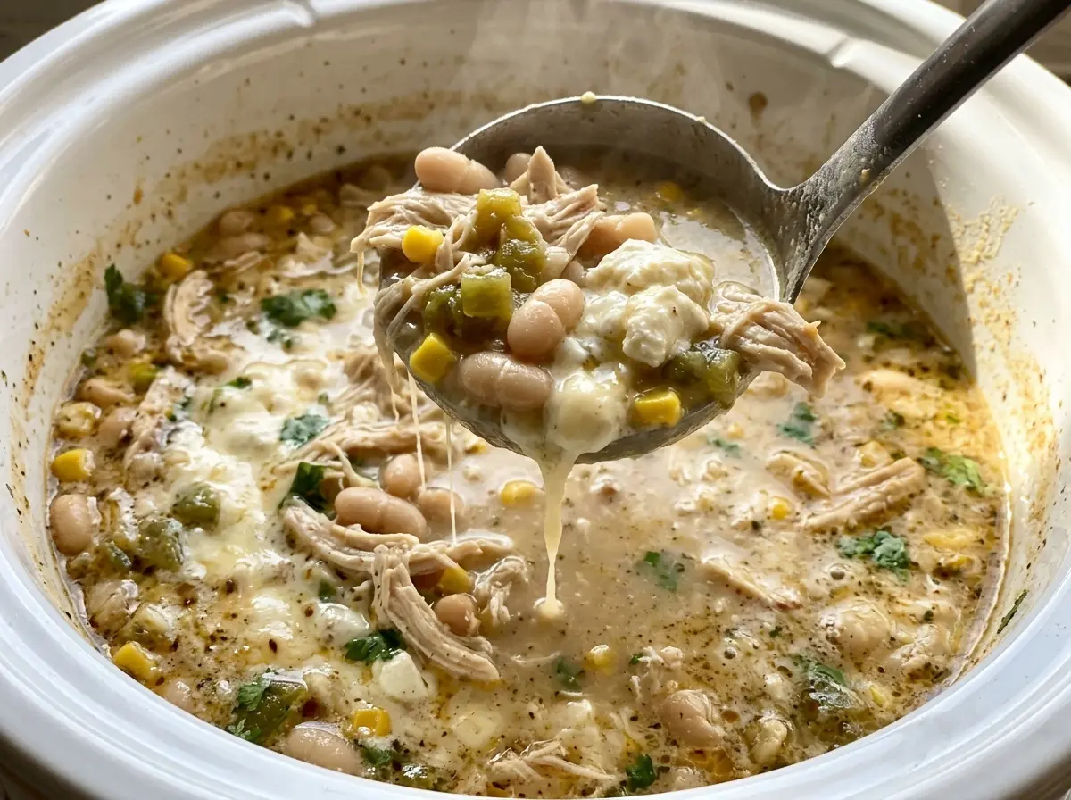 Crockpot White Chicken Chili with Cream Cheese, creamy and hearty