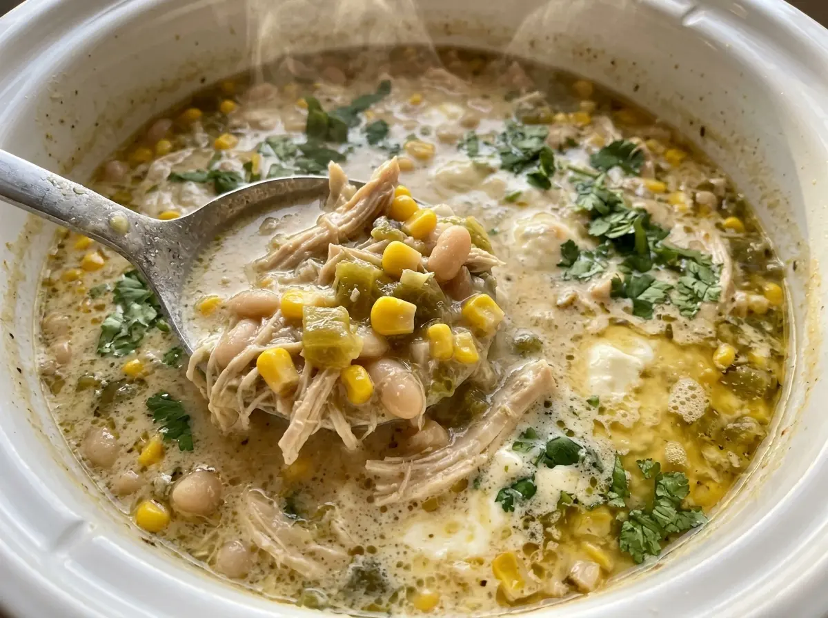 Crockpot White Chicken Chili with Cream Cheese, creamy and hearty