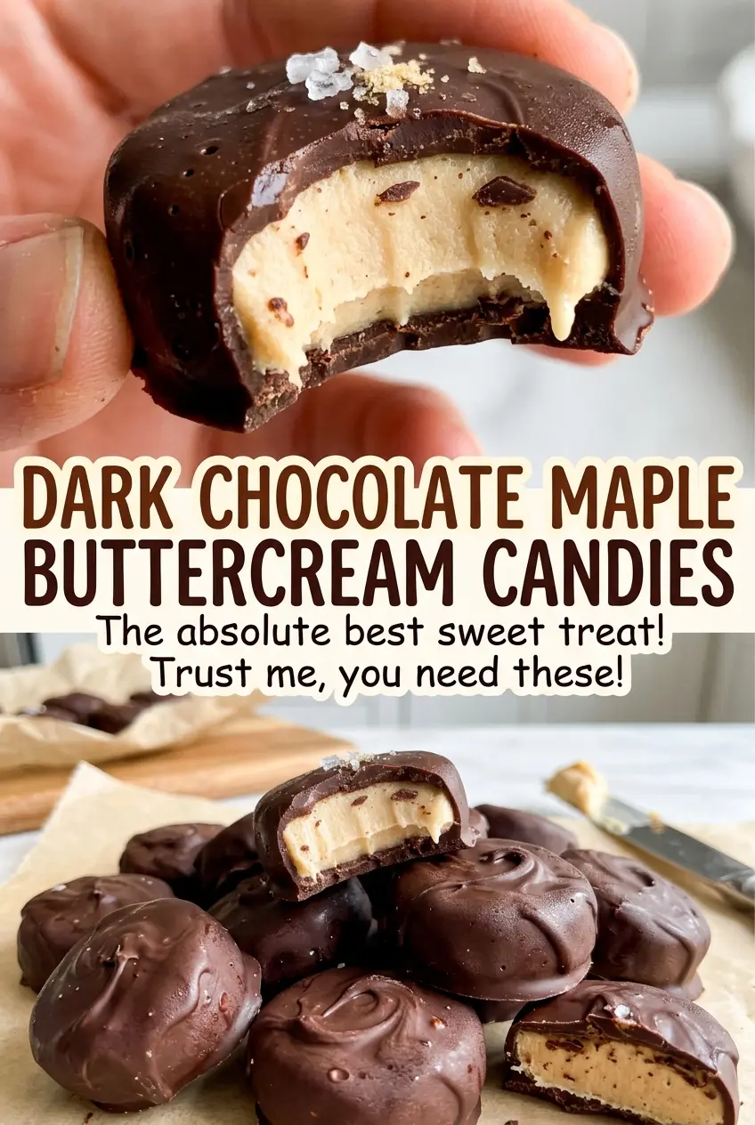 Dark chocolate maple buttercream candies glossy chocolate coating