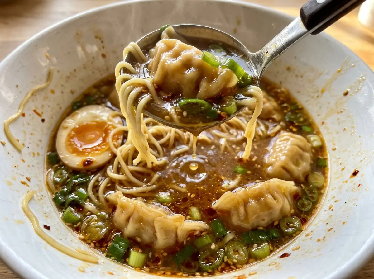 Dumpling Ramen Bowl with tender pork dumplings, crisp bok choy