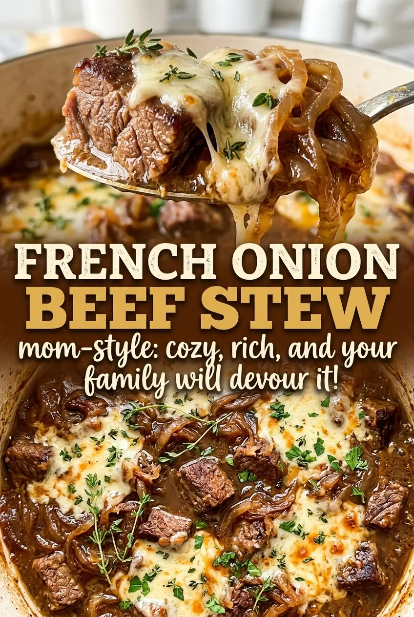 French Onion Beef Stew bubbling Gruyère cheese toasts