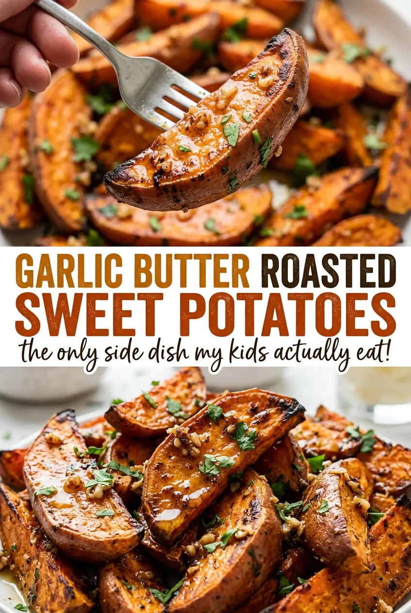 Garlic Butter Roasted Sweet Potatoes, garlicky and browned