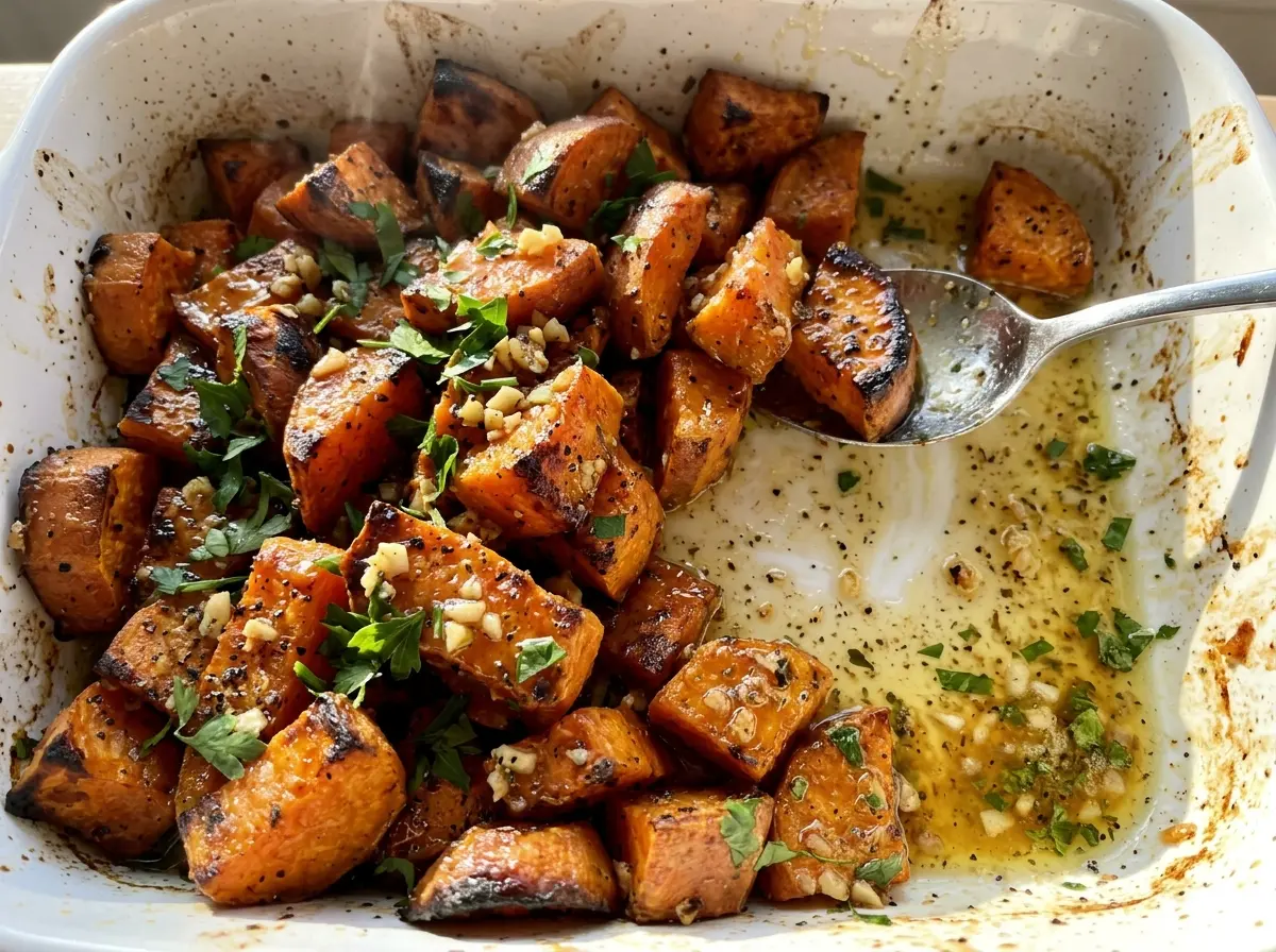 Garlic Butter Roasted Sweet Potatoes, golden and tender