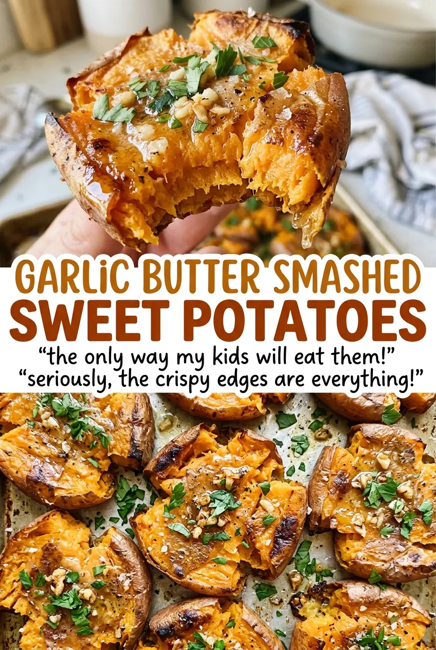 Garlic Butter Smashed Sweet Potatoes browned parsley