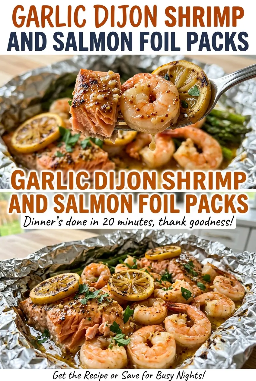 Garlic Dijon shrimp and salmon foil packs with lemon slices