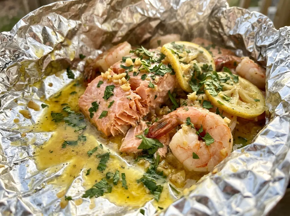 Garlic Dijon shrimp and salmon foil packs with tender asparagus
