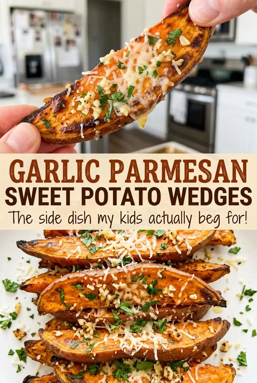 Garlic Parmesan Sweet Potato Wedges golden roasted