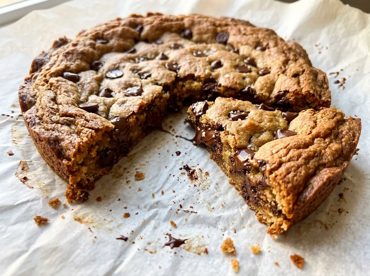 Giant Chocolate Chip Cookie with golden edges