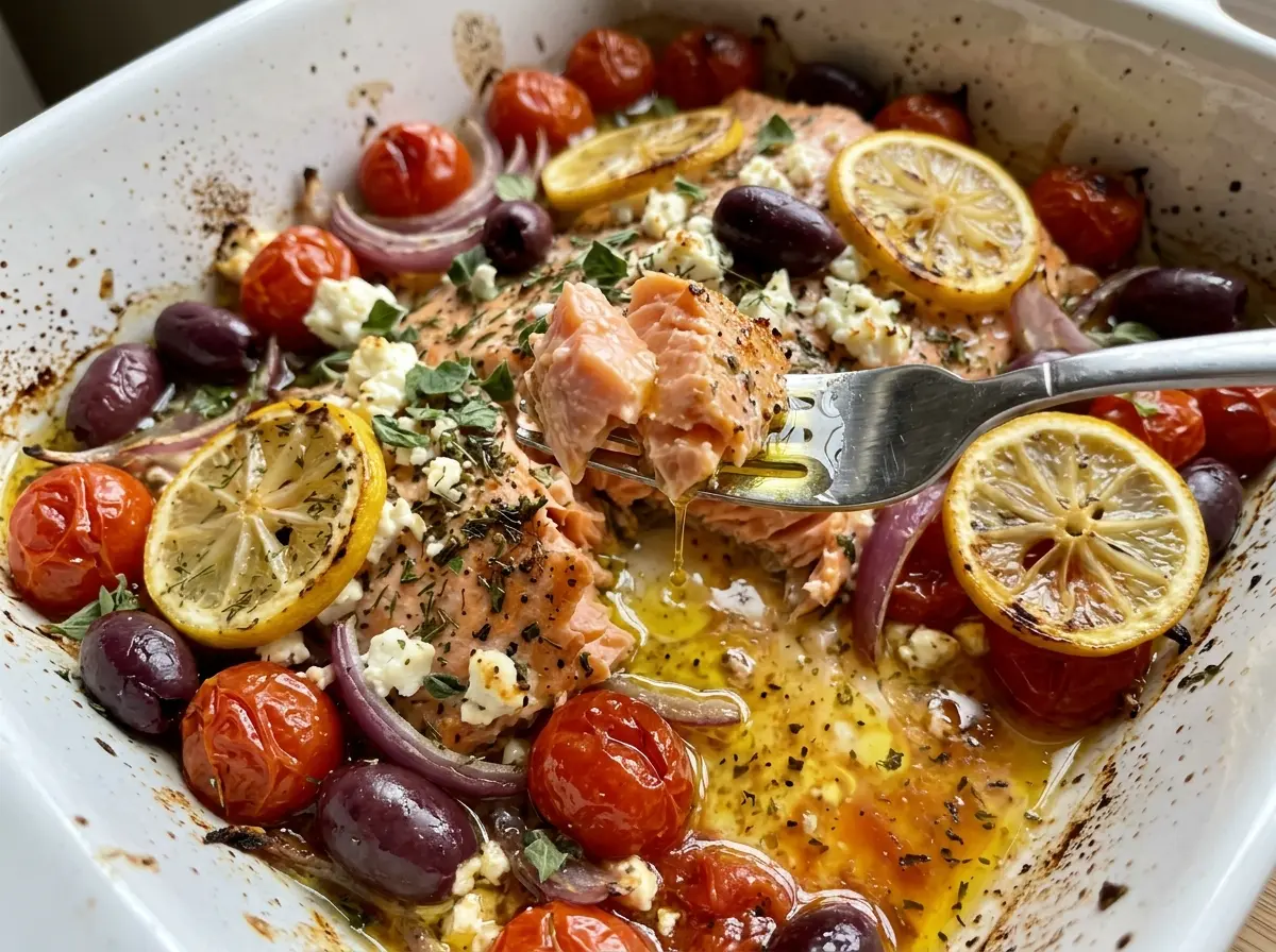 Greek salmon with juicy tomatoes and feta
