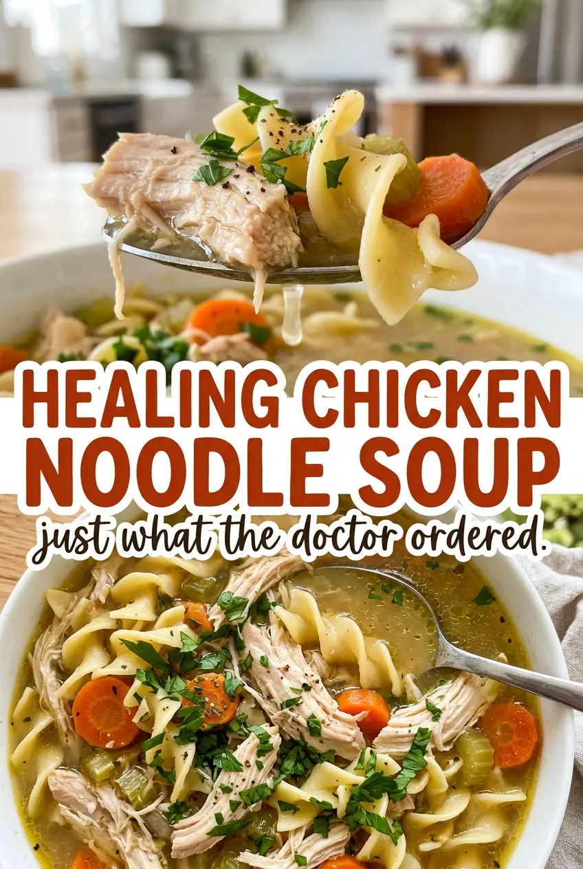 Healing Chicken Noodle Soup, tender chicken and wide noodles