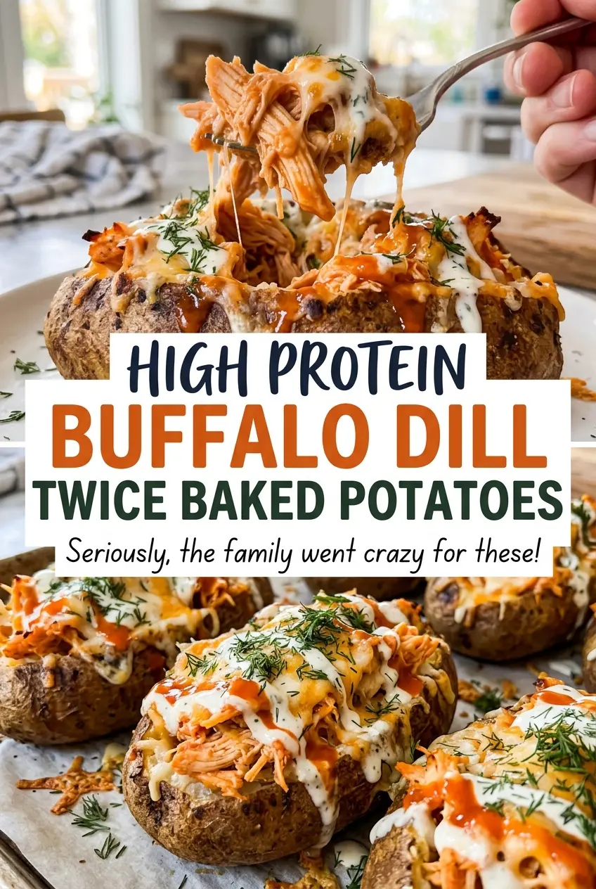 High Protein Buffalo Dill Twice Baked Potatoes with creamy chicken filling