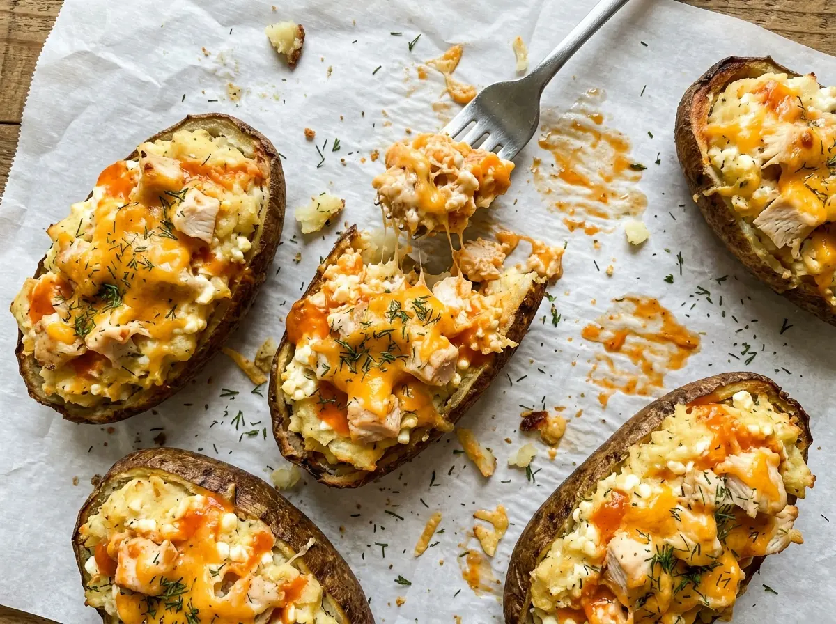 High Protein Buffalo Dill Twice Baked Potatoes with golden cheesy tops