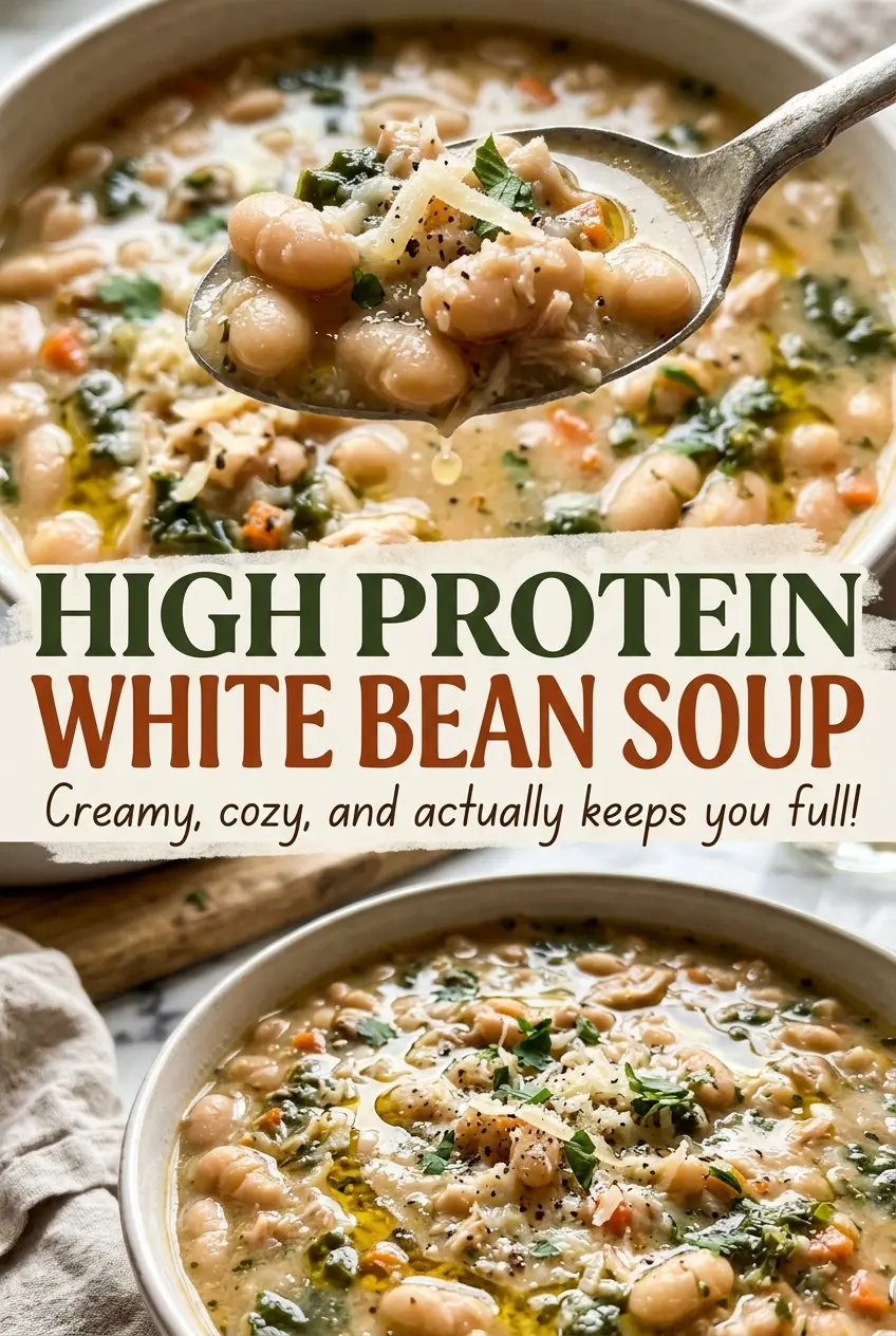 High Protein White Bean Soup with tender chicken and wilted spinach