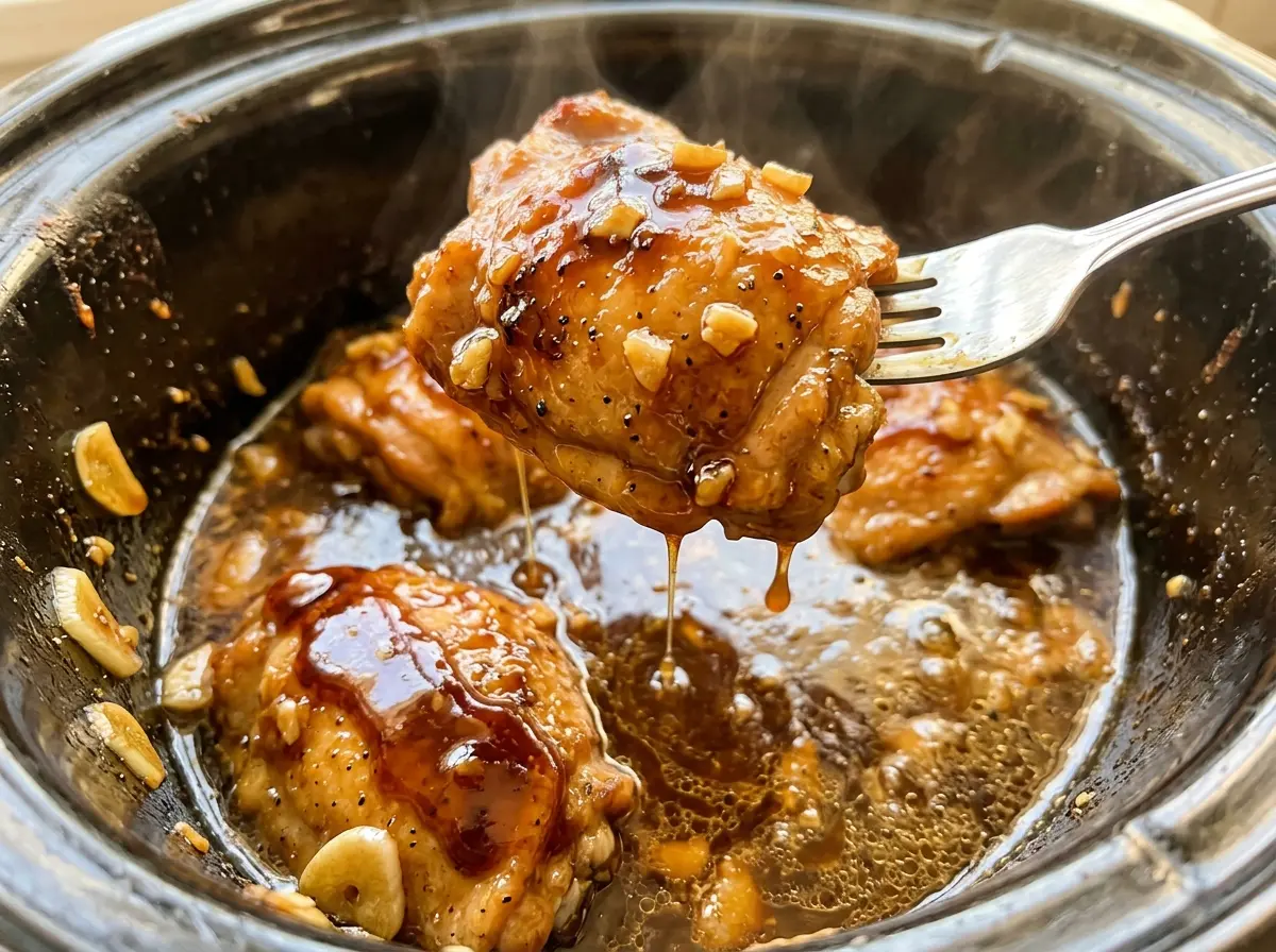 Honey Garlic Slow Cooker Chicken Thighs with glossy, tender chicken