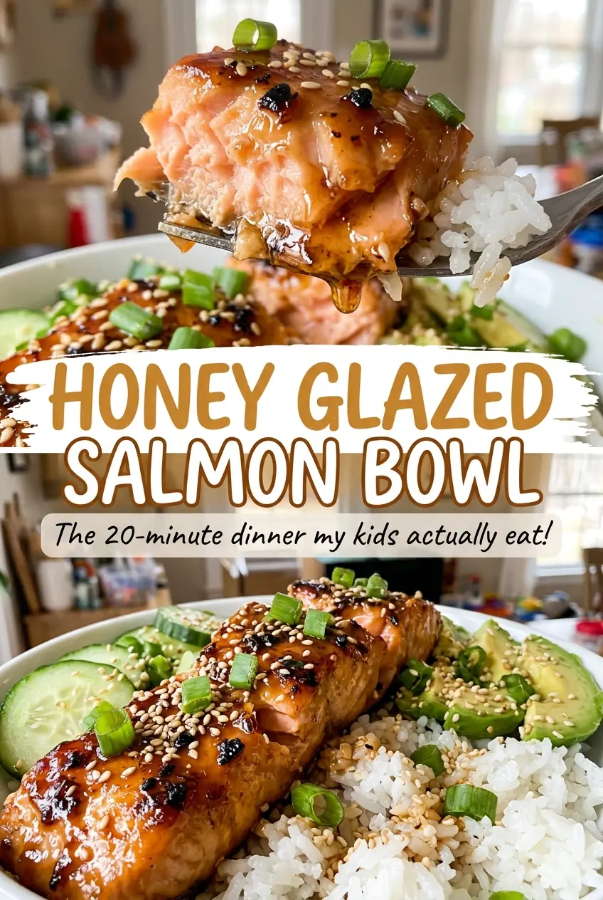 Honey Glazed Salmon Bowl, tender salmon and fluffy rice