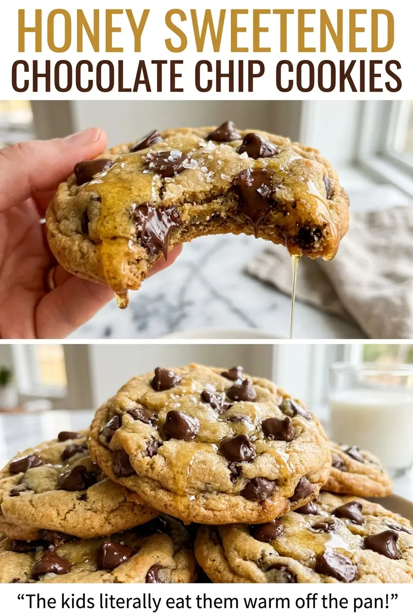 Honey Sweetened Chocolate Chip Cookies with chocolate chips and tender centers