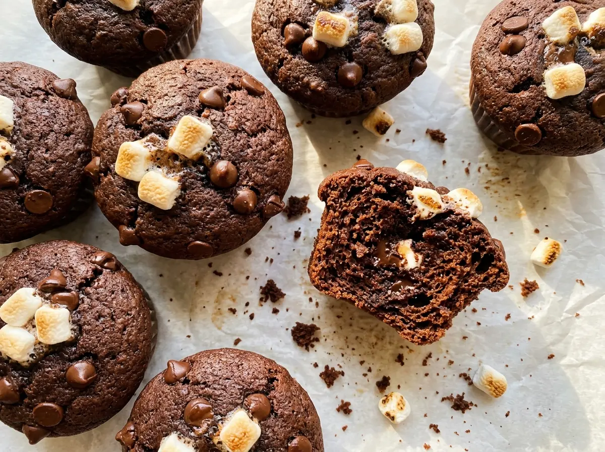 Hot Chocolate Muffins with marshmallow tops