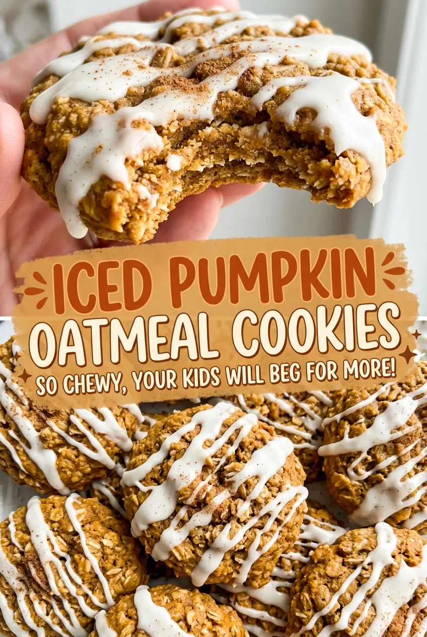 Iced Pumpkin Oatmeal Cookies with soft oat centers