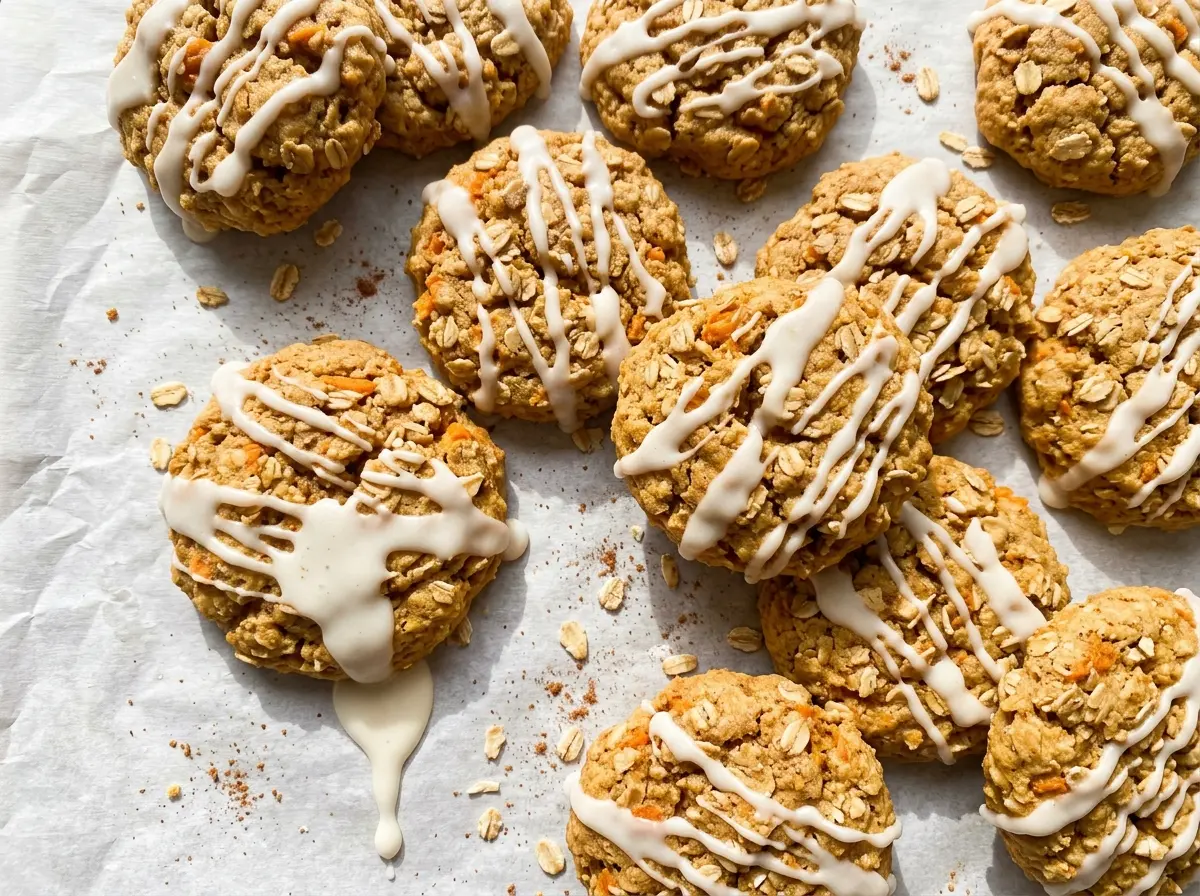 Iced Pumpkin Oatmeal Cookies with glossy white icing