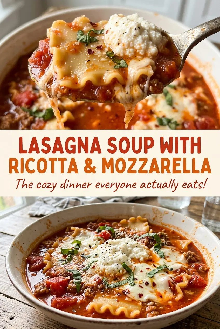 Lasagna soup with ricotta and mozzarella, tomato-rich and cozy