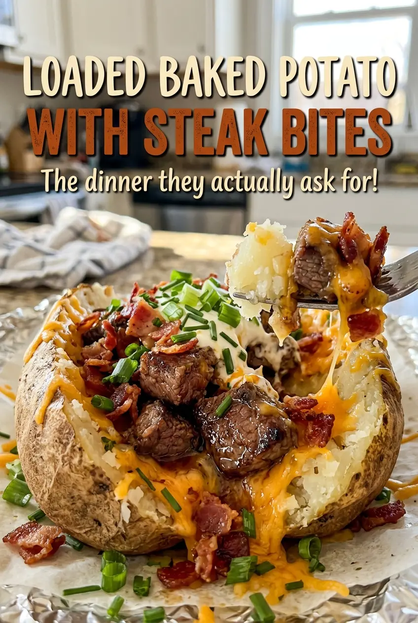 Loaded baked potato with steak bites, cheesy and savory