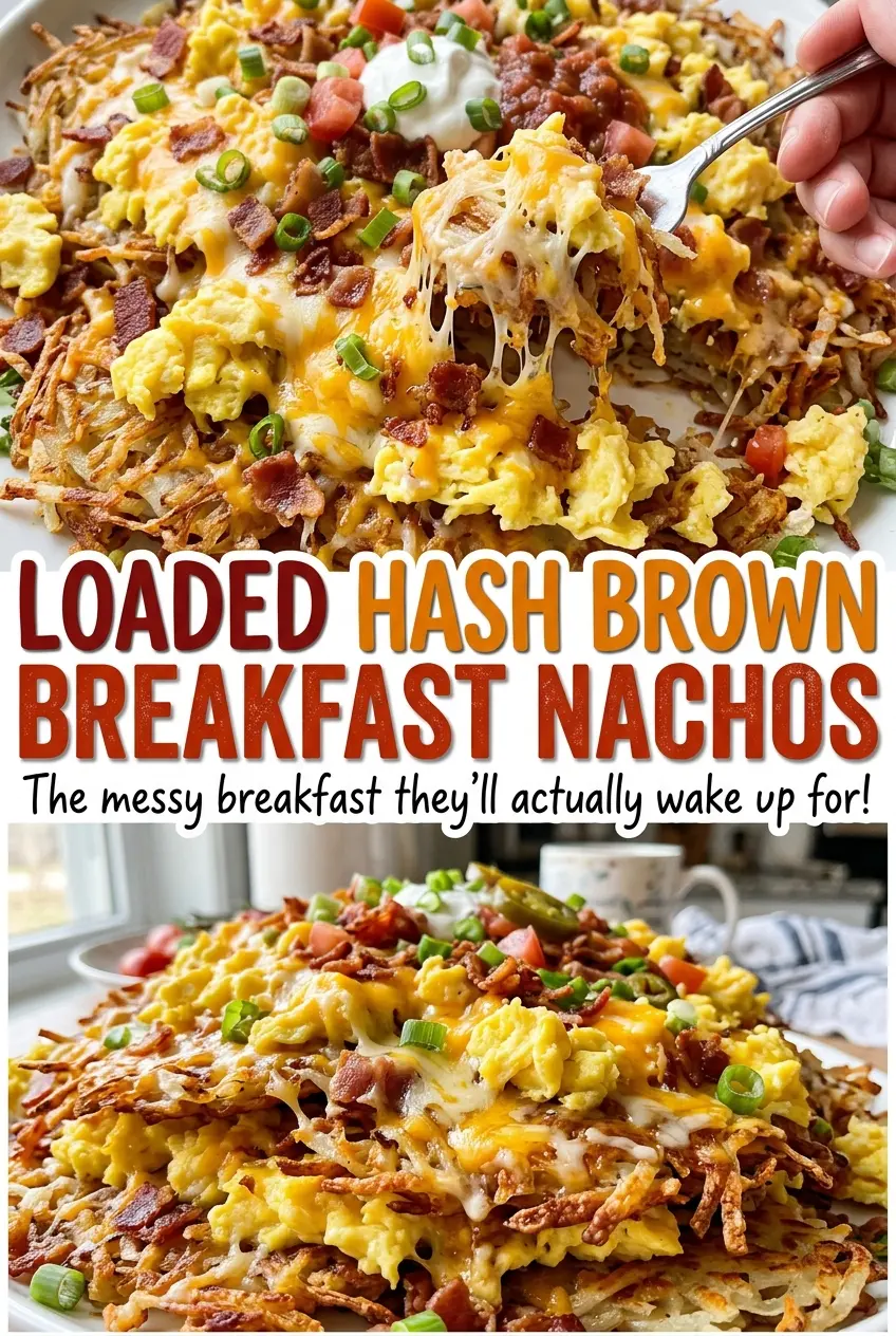 Loaded Hash Brown Breakfast Nachos layered with bacon and cheese