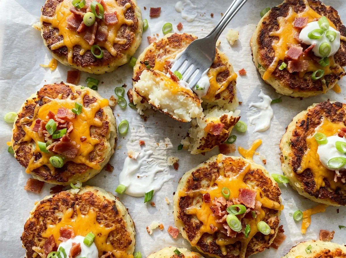 Loaded Mashed Potato Cakes with crisp golden edges