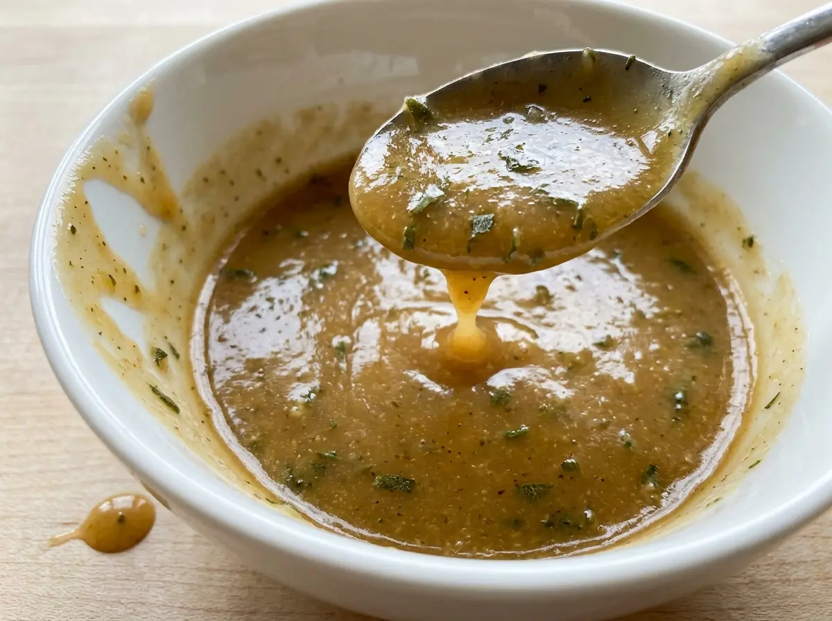 Make Ahead Cider and Sage Gravy, golden and herb flecked