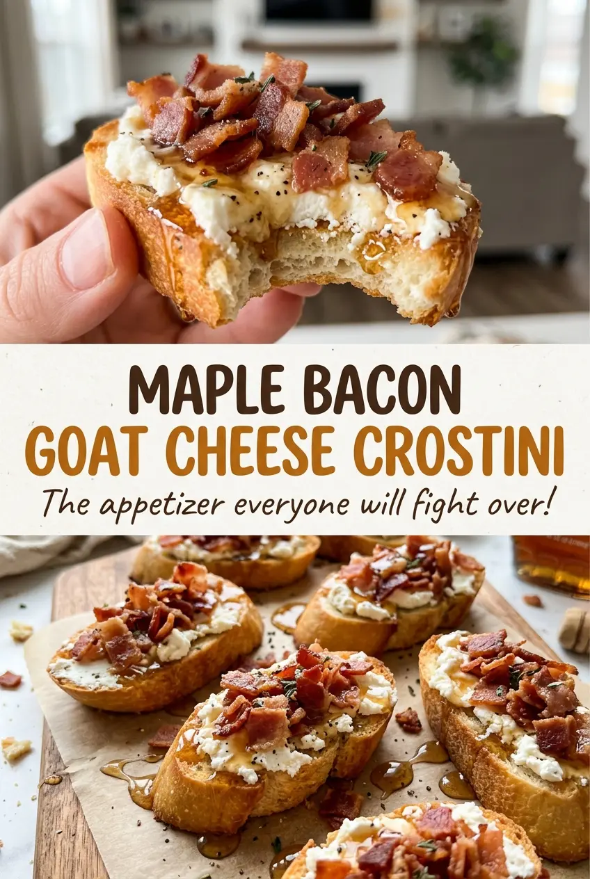 Maple Bacon Goat Cheese Crostini with golden baguette bites