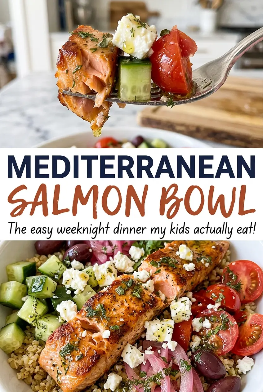 Mediterranean Salmon Bowl with crisp vegetables and feta