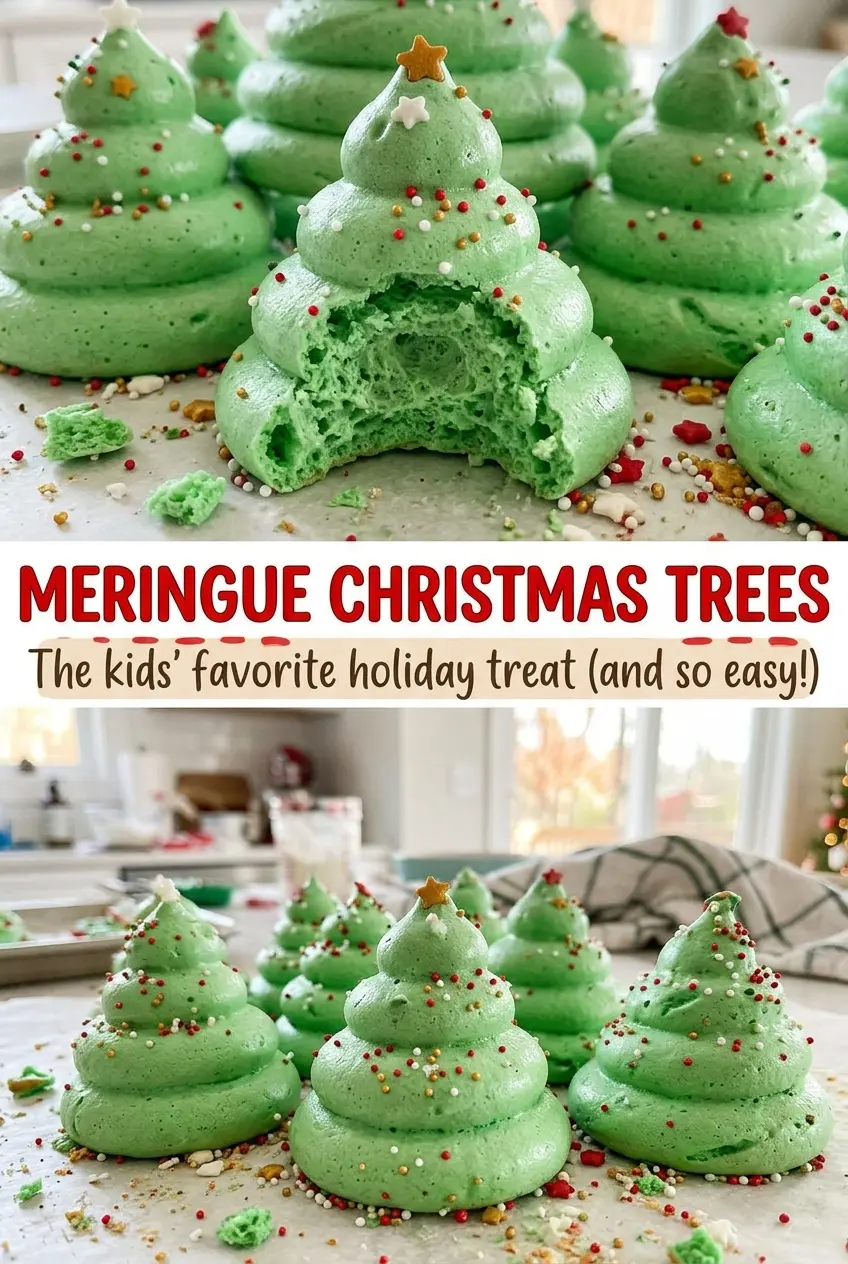 Meringue Christmas Trees with green peaks and festive sprinkles