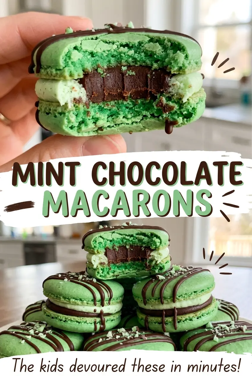 Mint Chocolate Macarons with smooth green shells and ganache