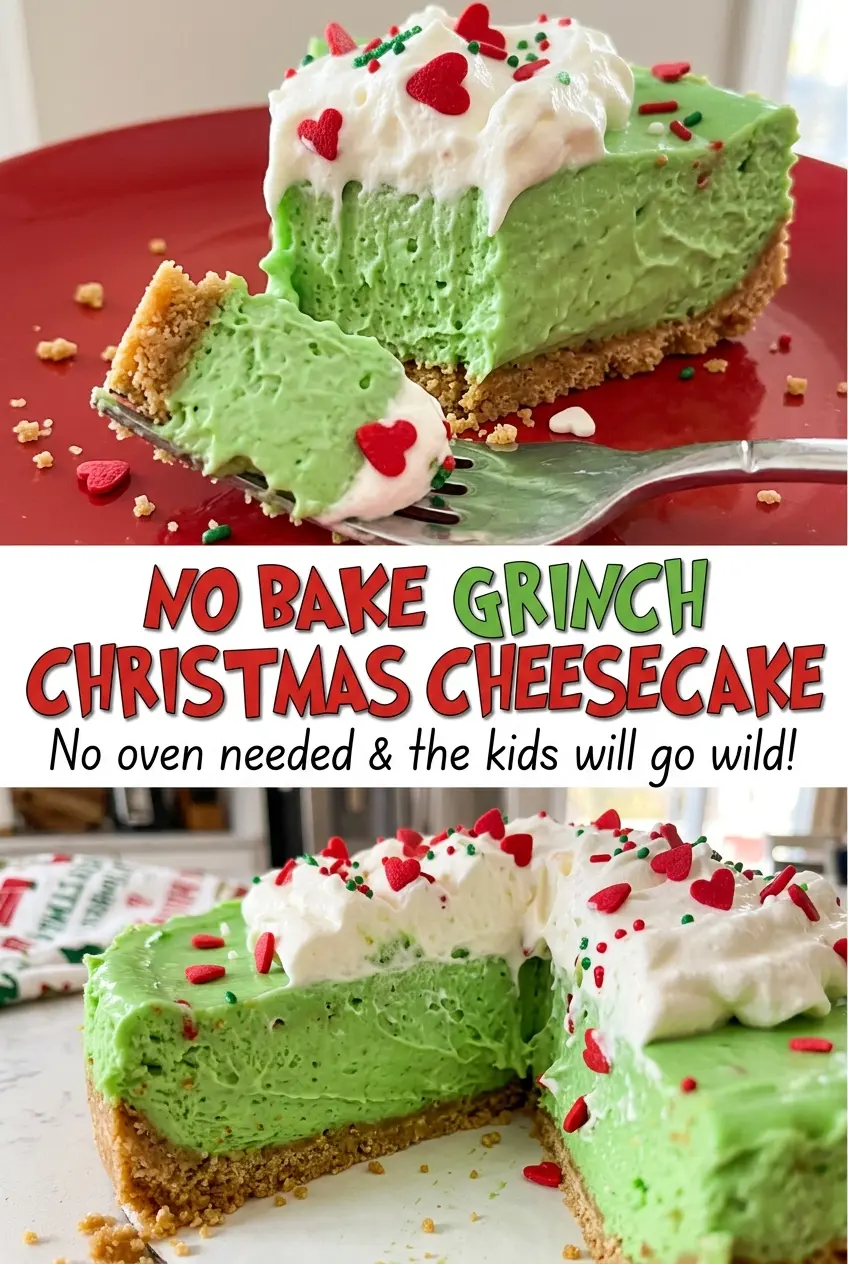 No Bake Grinch Christmas Cheesecake red heart topping