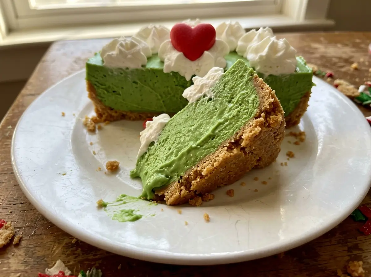 No Bake Grinch Christmas Cheesecake creamy green filling