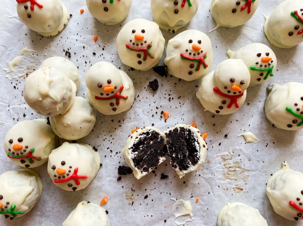 No Bake Snowman Truffles with chocolate buttons
