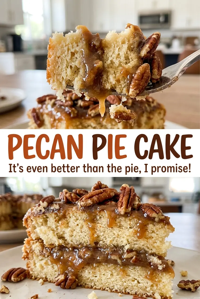 Pecan Pie Cake with glossy pecan topping