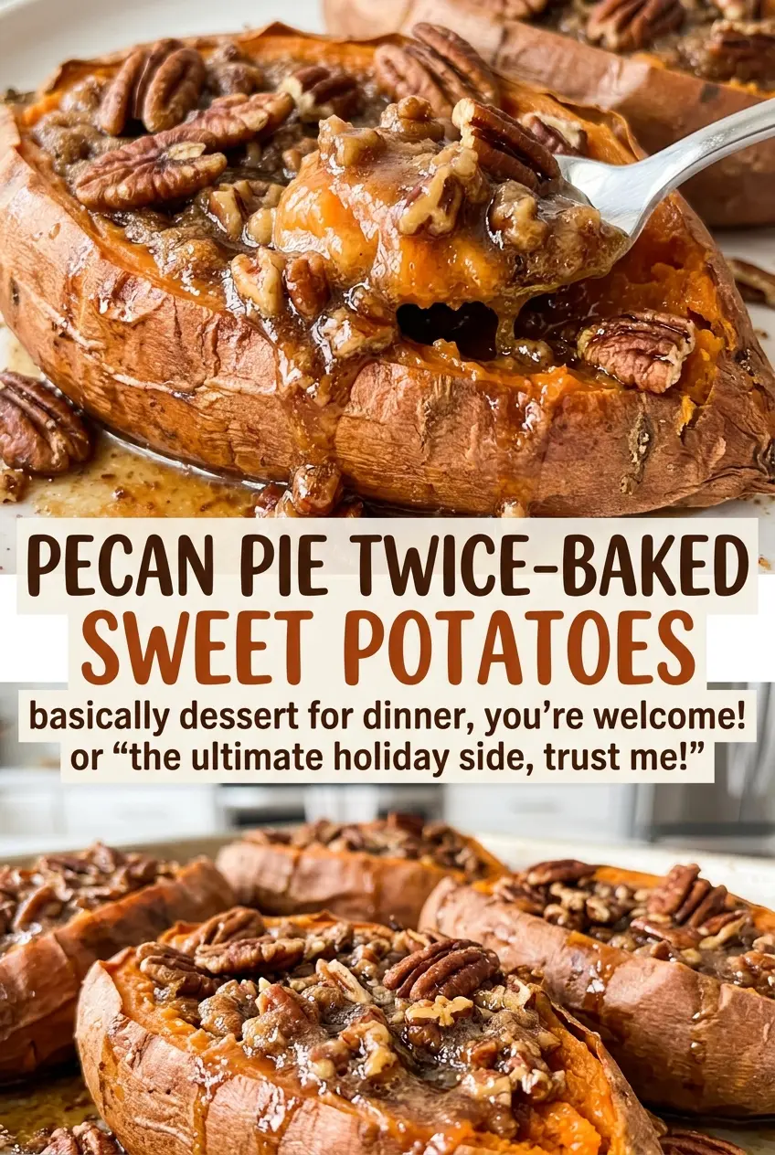 Pecan Pie Twice Baked Sweet Potatoes with pecan-studded tops