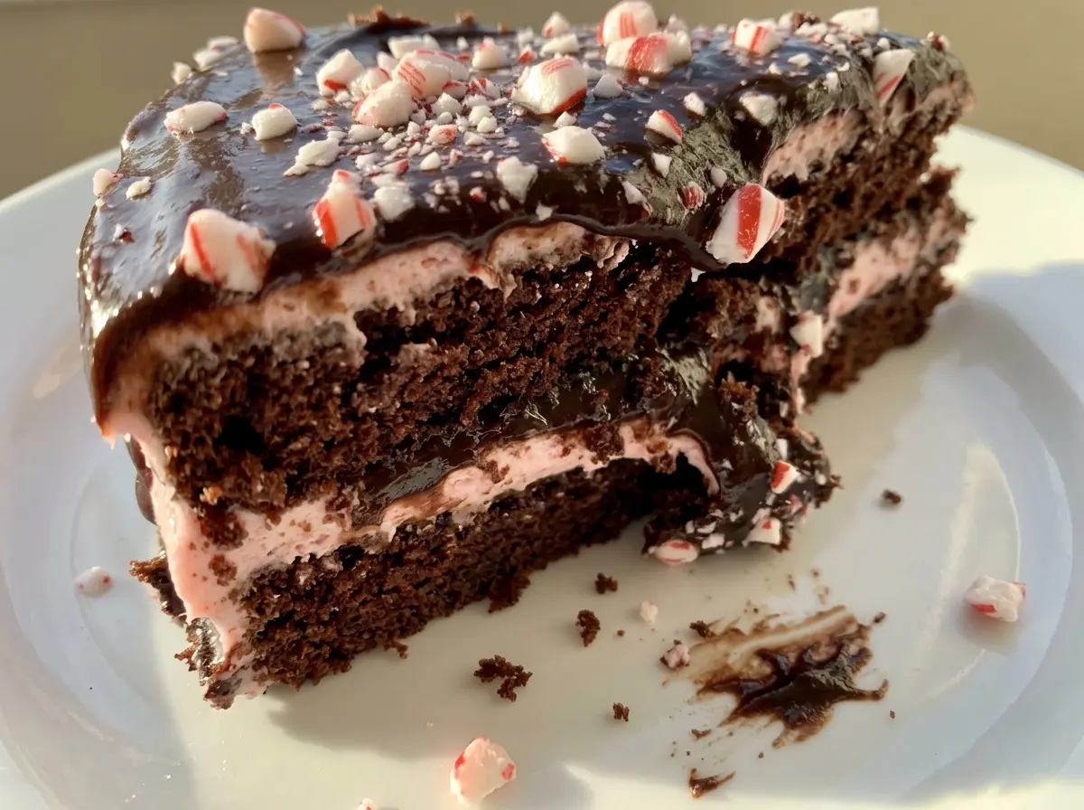 Peppermint Fudge Cake with glossy chocolate frosting