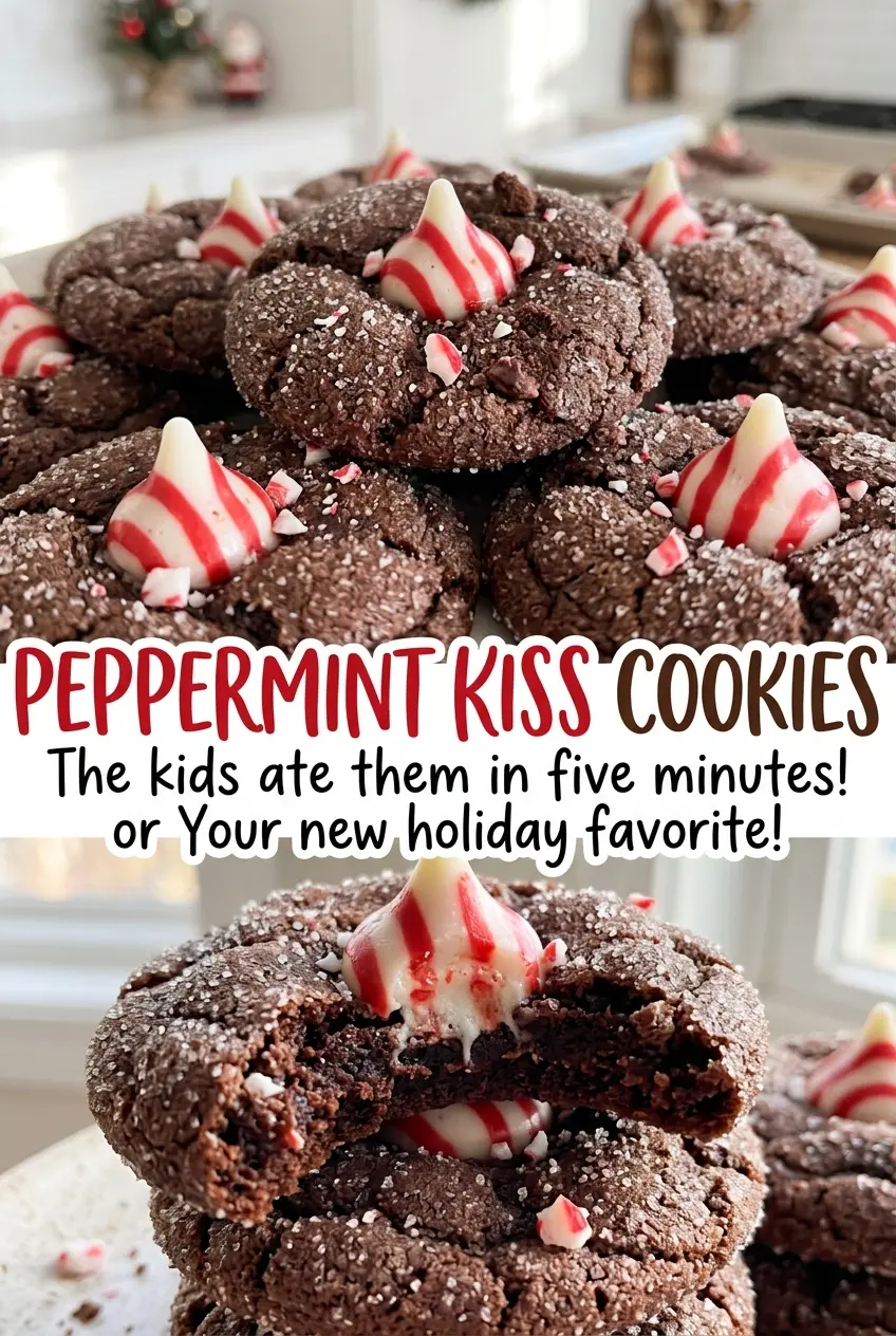 Peppermint Kiss Cookies sugared chocolate centers